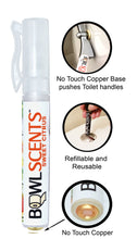 Load image into Gallery viewer, Bowl Scents Pre-Poop Toilet Spray Traveler with No Contact Brass tool Copper base, to avoid toilet handles and bathroom surfaces