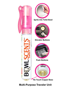 Bowl Scents Toilet Spray prevents Poop Smell, easy to use spritz, sit and go. Sprays in the toilet water to create an odor trapping layer that blocks poop smell. Comes with Pink Top Traveler unit that clips to pocket or purse plus 2 oz refill bottle with easy pour spout
