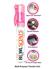 Load image into Gallery viewer, Bowl Scents Toilet Spray prevents Poop Smell, easy to use spritz, sit and go. Sprays in the toilet water to create an odor trapping layer that blocks poop smell. Comes with Pink Top Traveler unit that clips to pocket or purse plus 2 oz refill bottle with easy pour spout